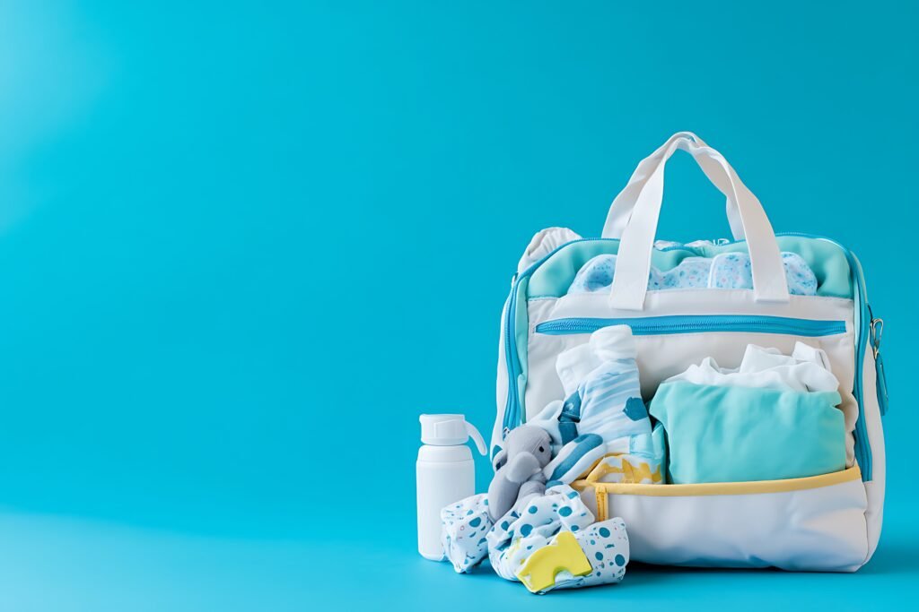 mommy bag with kids diaper and essentials on a blue background. Flat lay.
